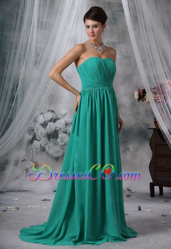 Ruched Decorate Bodice Brush Train Turquoise Blue Chiffon Strapless Plus Size Bridesmaid Dress For 2013