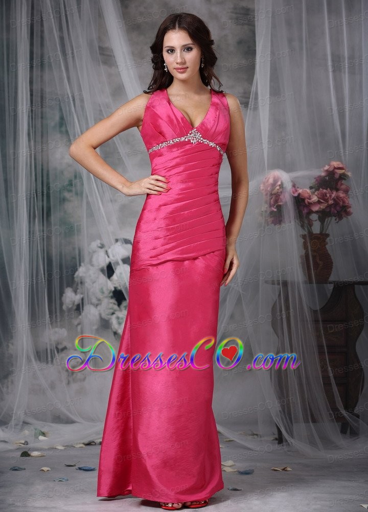 Coral Red Column V-neck Ankle-length Taffeta Beading Prom Dress