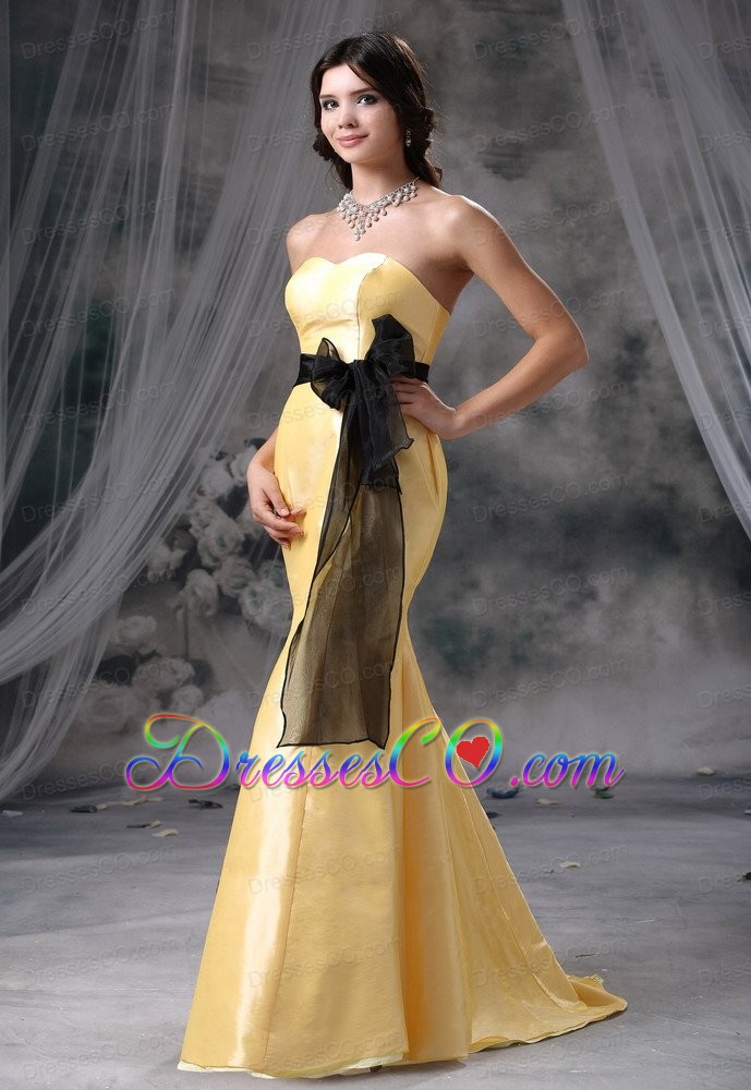 Bowknot and Sash Decorate Waist Mermaid Yellow Brush Train Taffeta Bridesmaid Dress For Popular Style