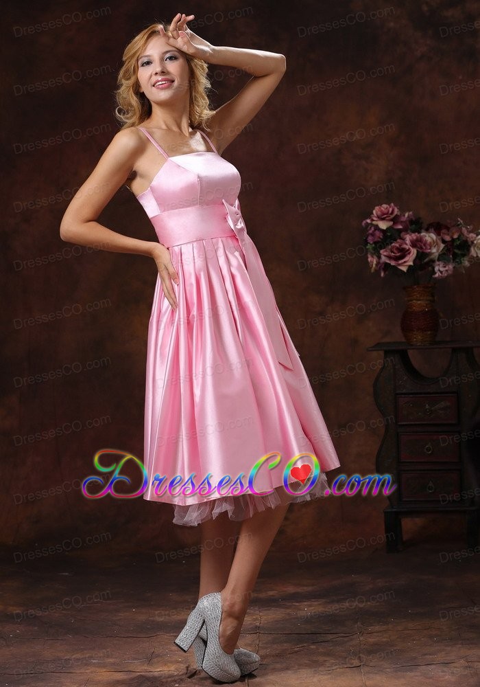 Baby Pink Spaghetti Straps Lovely Prom Dress With Sash Tea-length