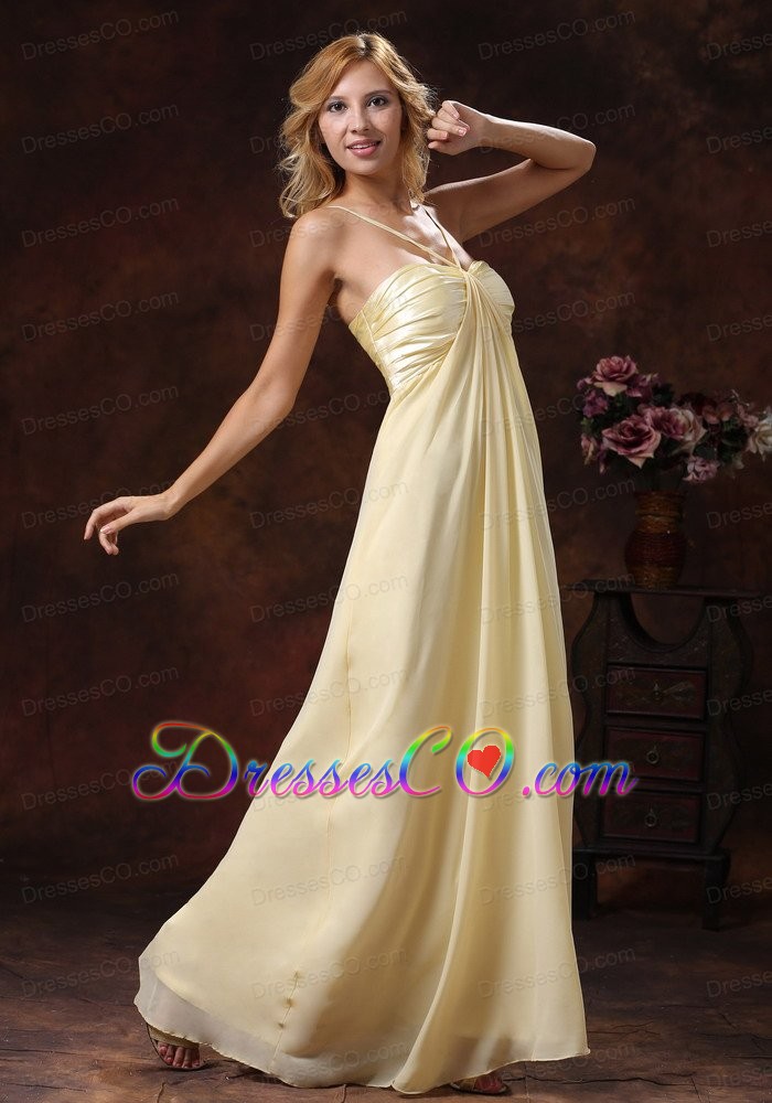 Light Yellow Straps Ruched Bodice Discount Prom Dress Long