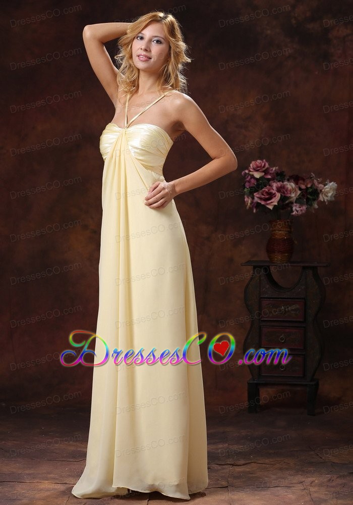 Light Yellow Straps Ruched Bodice Discount Prom Dress Long