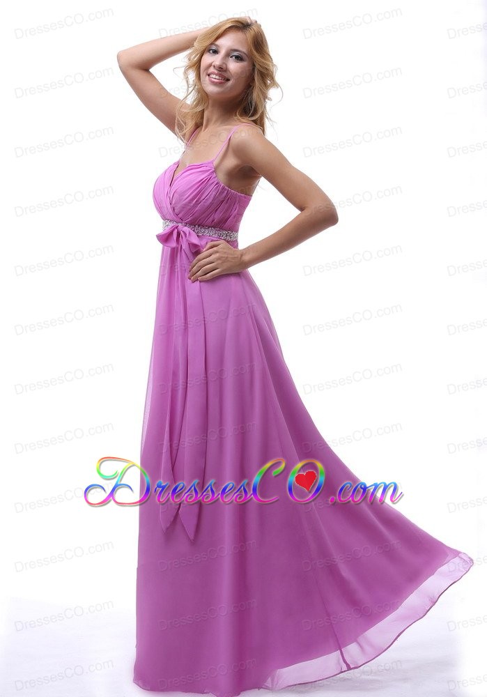 Lavender Spaghetti Straps Ruched and Beaded Chiffon Bridesmaid Dress