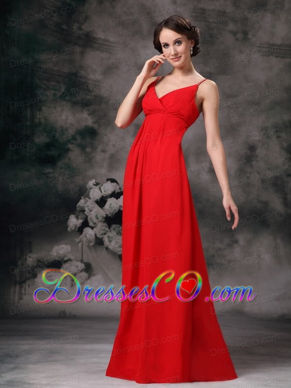 Cute Red Empire Straps Cheap Bridesmaid Dress Chiffon Long