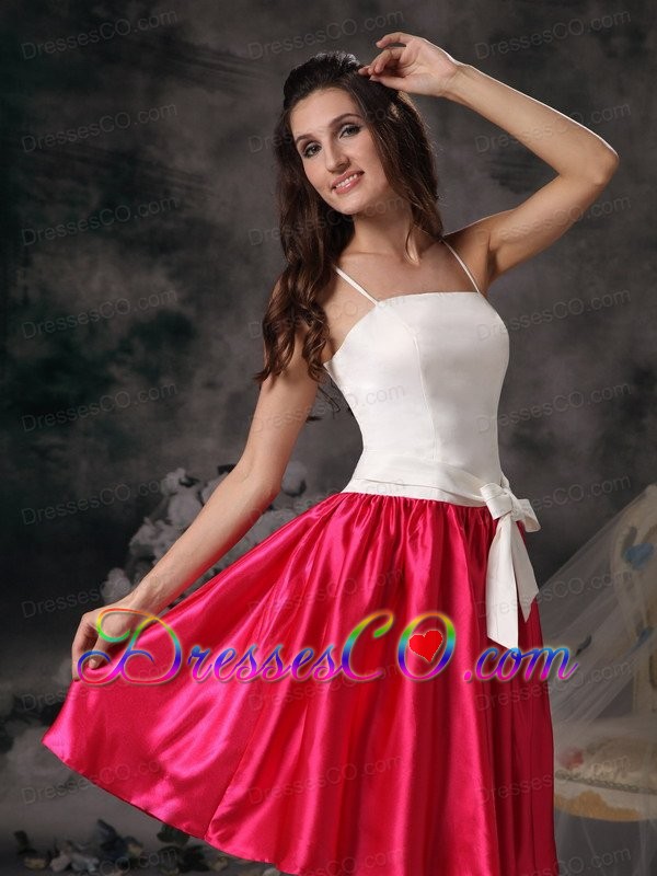 White And Hot Pink A-line Straps Mini-length Taffeta Bow Prom Dress