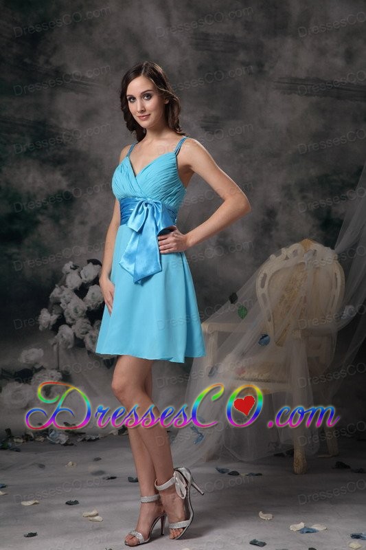 Lovely Aqua Blue Empire Straps Prom / Homecoming Dress Chiffon Bowknot Mini-length