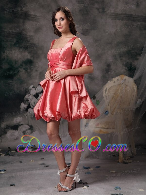 Watermelon A-line Straps Mini-length Taffeta Bridesmaid Dress