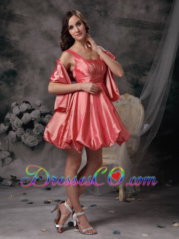 Watermelon A-line Straps Mini-length Taffeta Bridesmaid Dress