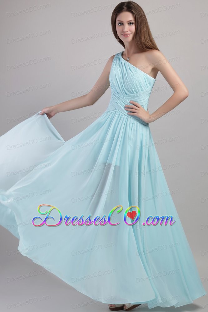 Light Blue Empire One Shoulder Ankle-length Chiffon Ruched Prom Dress