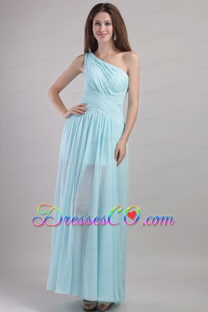 Light Blue Empire One Shoulder Ankle-length Chiffon Ruched Prom Dress
