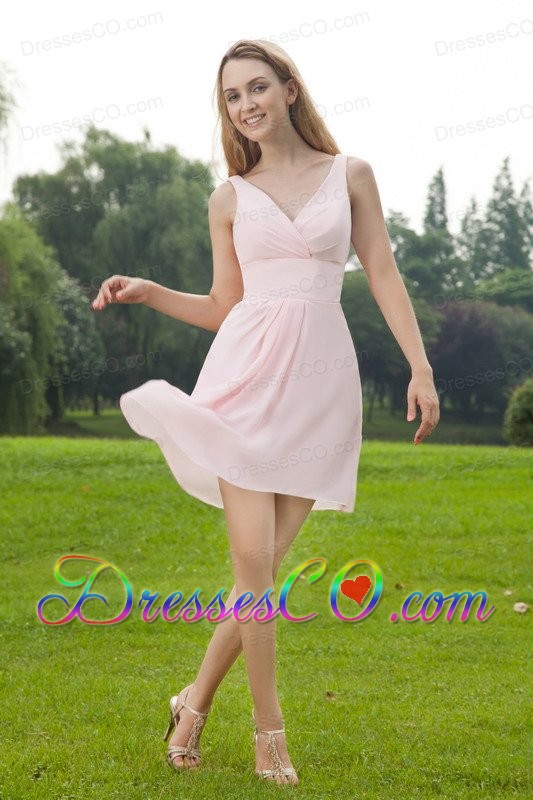 Baby Pink Empire V-neck Mini-length Chiffon Ruched Bridesmaid Dress