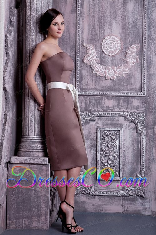 Brown Prom Dress Under 100 Column Strapless Tea-length Satin Sash