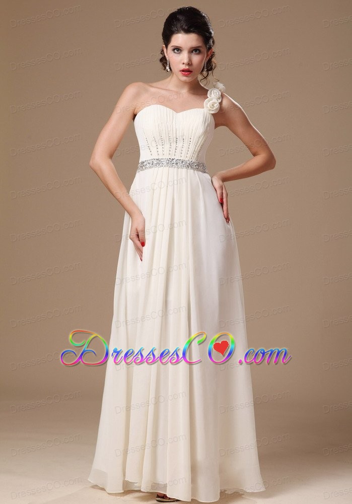 One Shoulder Beaded Decorate Waist Prom Gowns With Chiffon Hand Made Flowers For Custom Made
