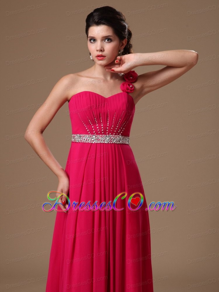 Coral Red Empire One Shoulder Hand Made Flowers Beaded Decorate Waist Formal Evening Prom Dress For Custom Made