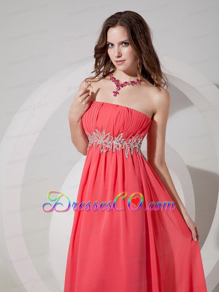 Customize Watermelon Red Empire Strapless Prom Dress Chiffon Beading