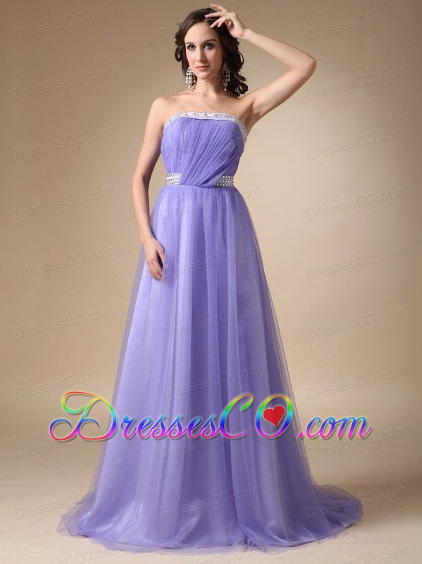 Lilac A-line Strapless Brush Train Taffeta and Tulle Beading Prom / Celebrity Dress