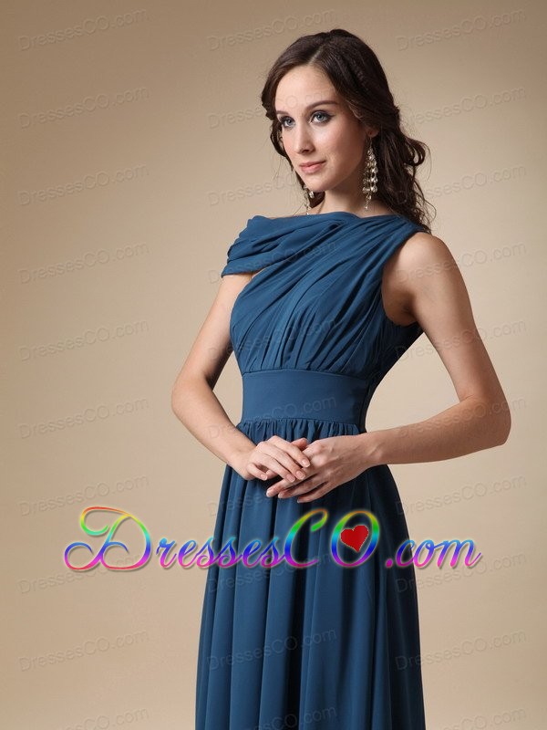 Navy Blue Empire Asymmetrical Long Ruched Chiffon Prom / Evening Dress
