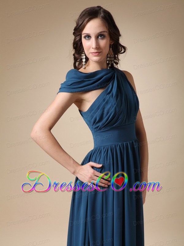 Navy Blue Empire Asymmetrical Long Ruched Chiffon Prom / Evening Dress