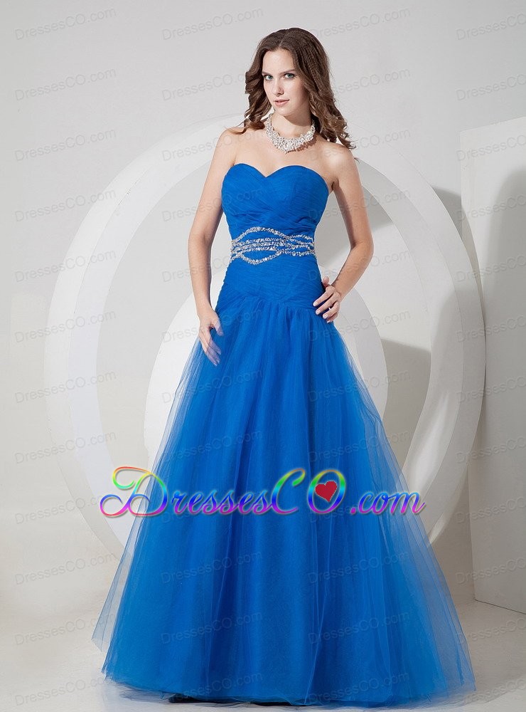 New Blue A-line Prom / Evening Dress Tulle Beading And Ruching Long