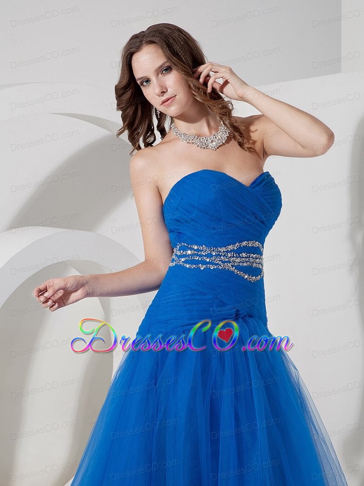 New Blue A-line Prom / Evening Dress Tulle Beading And Ruching Long