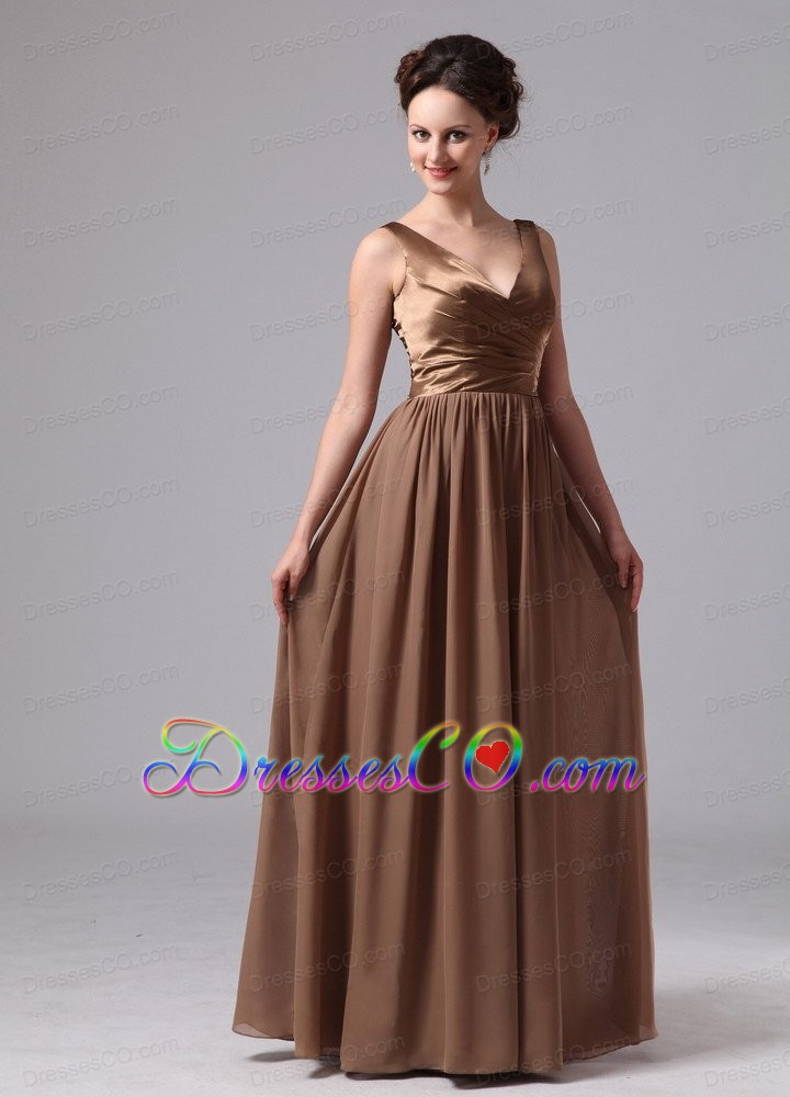 Brown V-neck Prom Dress For Custom Made Satin and Chiffon