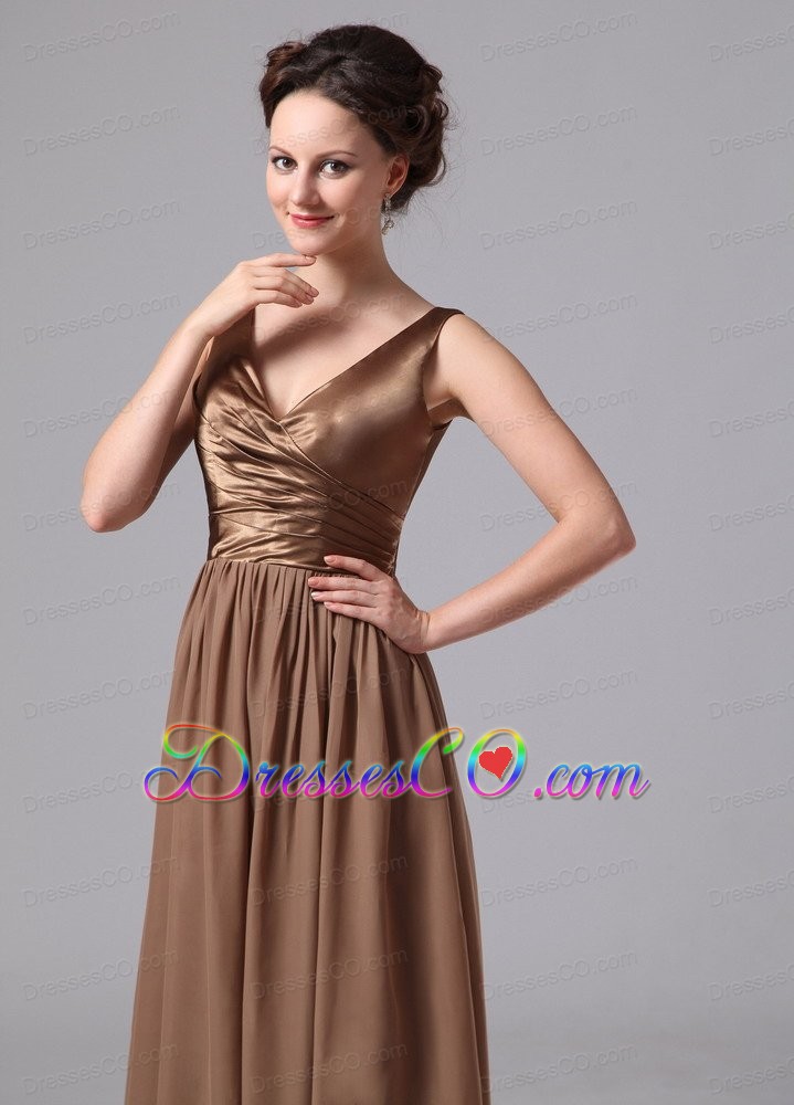 Brown V-neck Prom Dress For Custom Made Satin and Chiffon