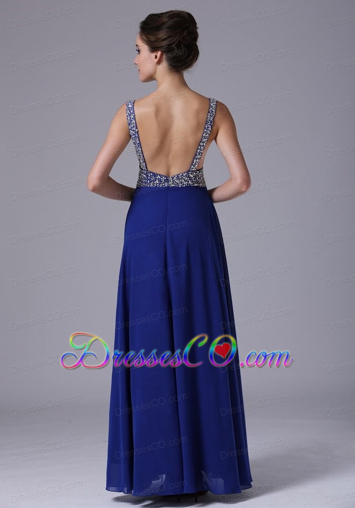 Beaded Decorate Shoulder Straps Chiffon Royal Blue maxi Prom Dress