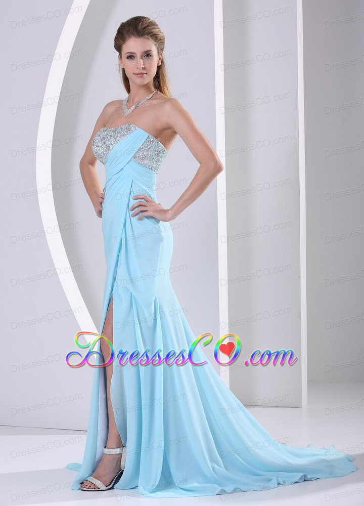 Wholesale Aque Blue High Slit Beading and Ruching Celebrity Dress Party Style