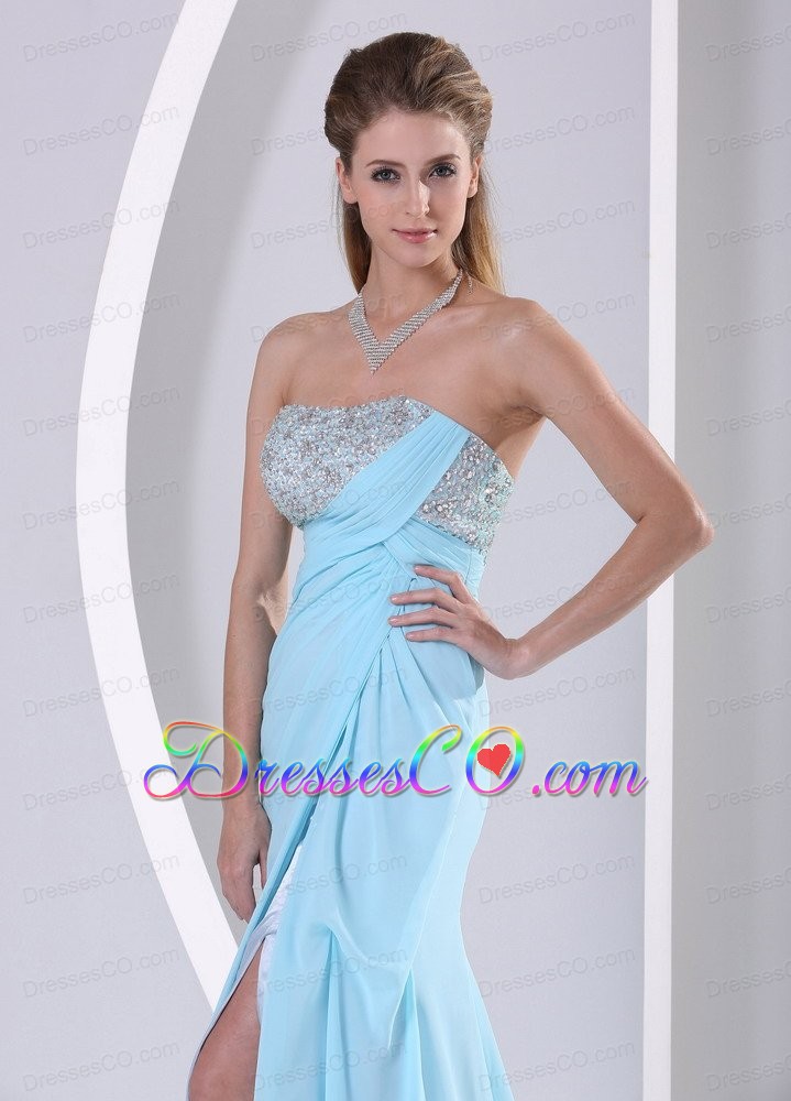 Wholesale Aque Blue High Slit Beading and Ruching Celebrity Dress Party Style
