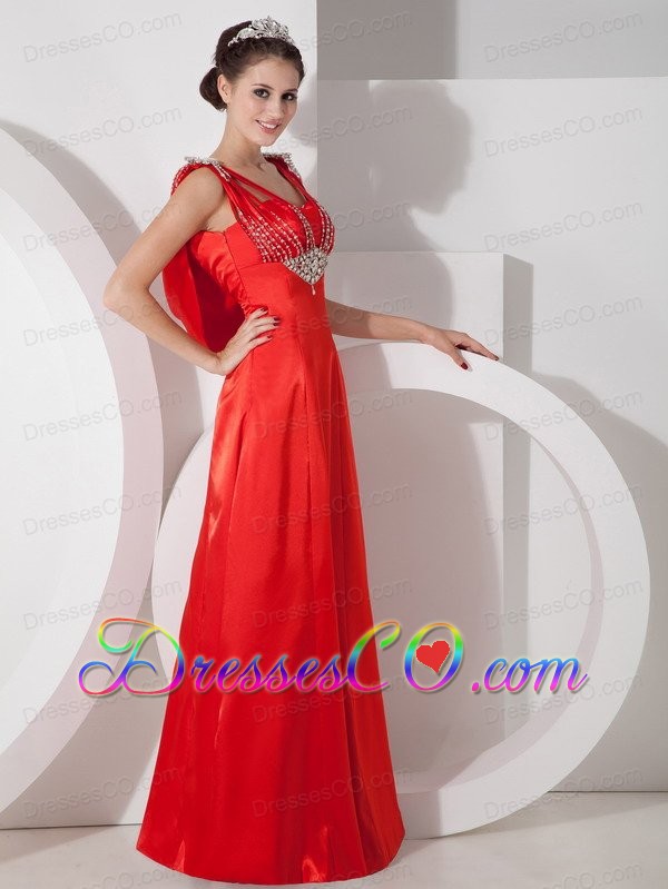 Pretty Red Empire V-neck Evening Dress Satin Beading Long