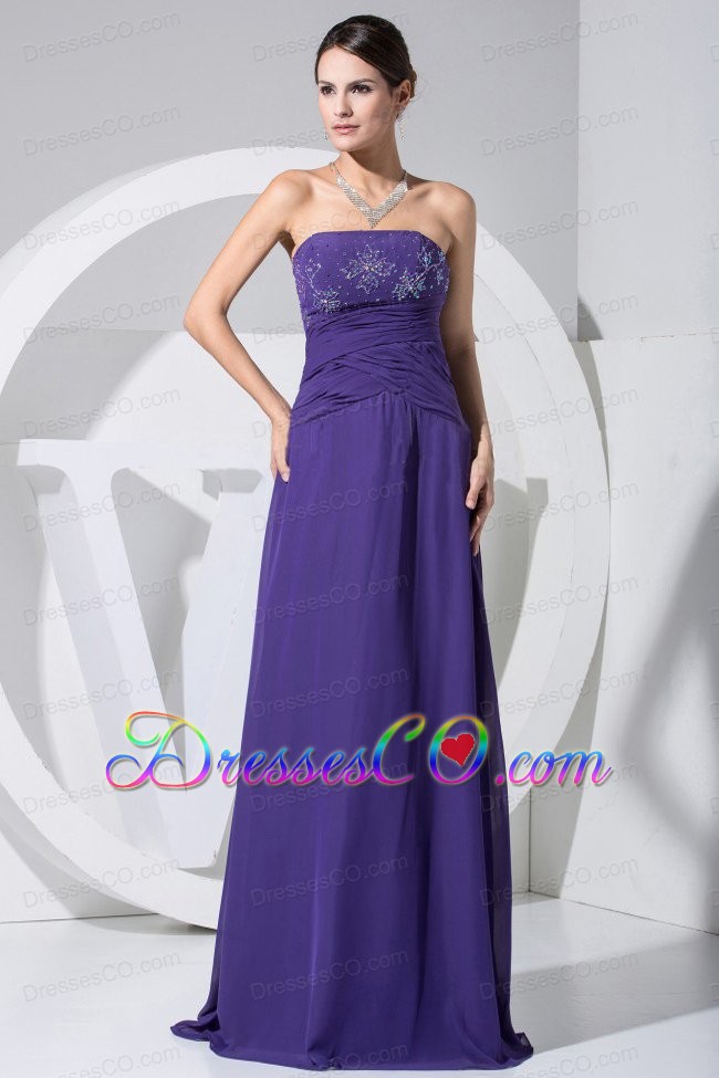 Beading And Ruching Decorate Bodice Purple Prom Dress Long