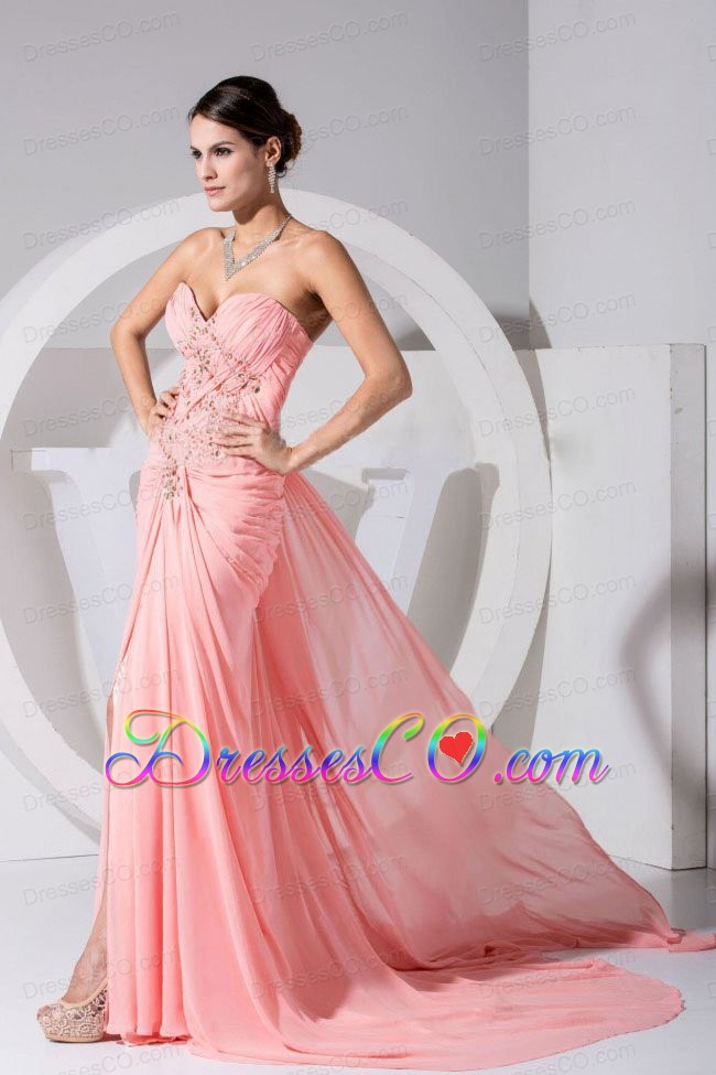 High Slit Pink Chiffon Beading and Ruched WatteauTrain Prom Dress