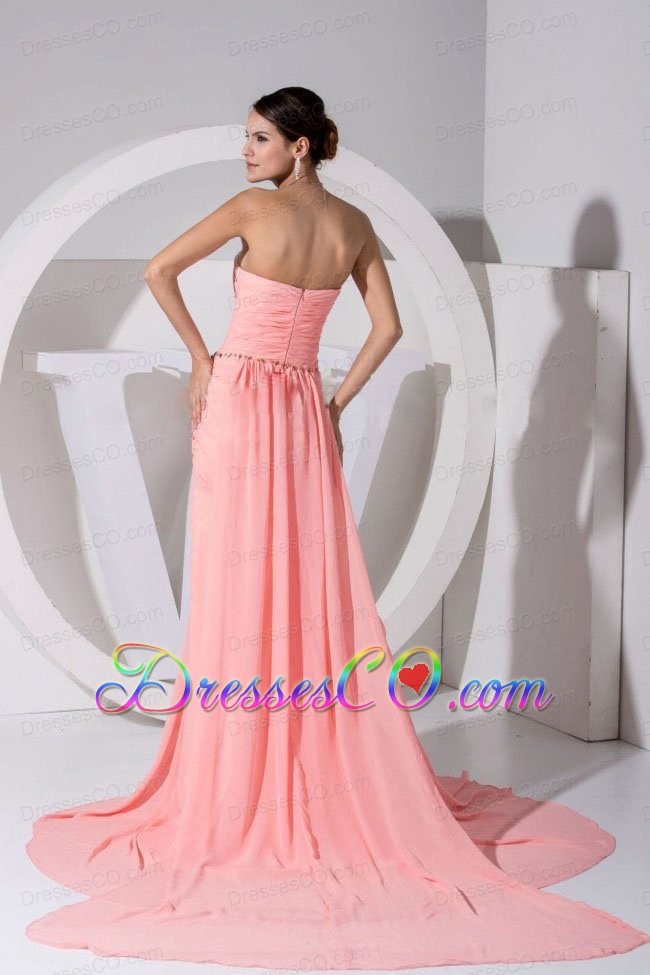 High Slit Pink Chiffon Beading and Ruched WatteauTrain Prom Dress