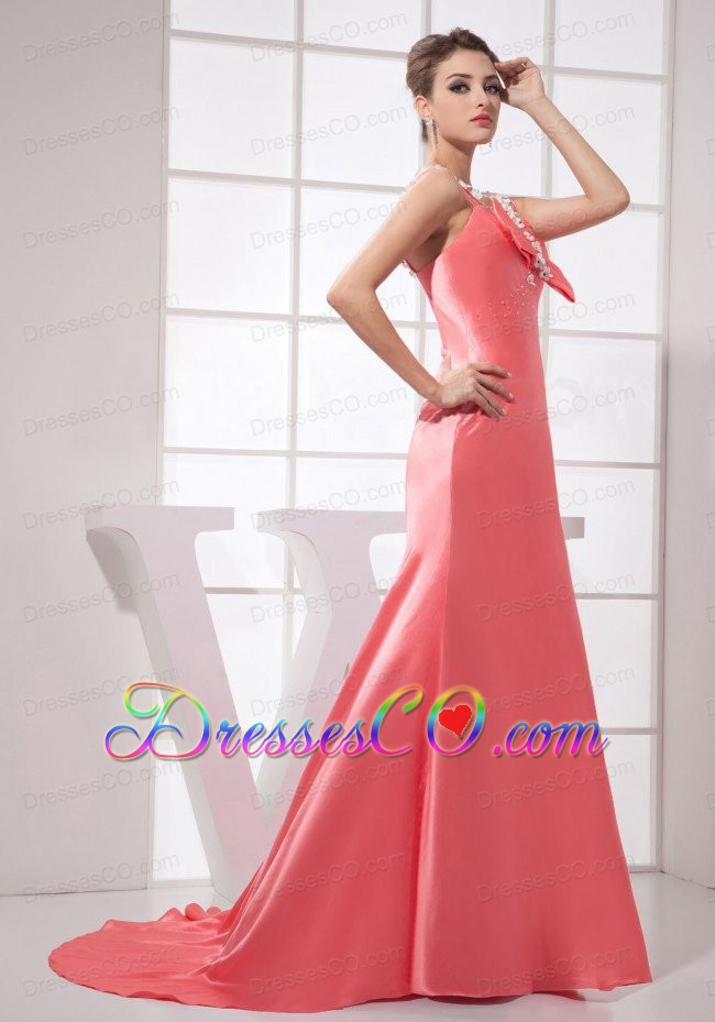 Beading Decorate Bodice Watermelon Red Taffeta Brush Train Straps Prom Dress