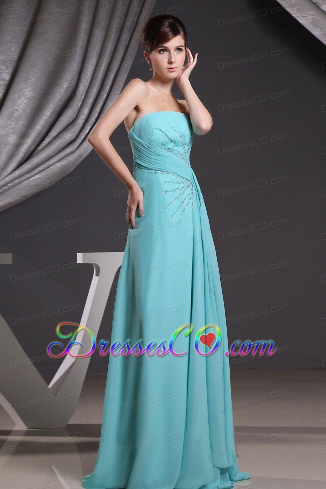 Turquoise Beading Strapless and Brush Train for Prom Dress