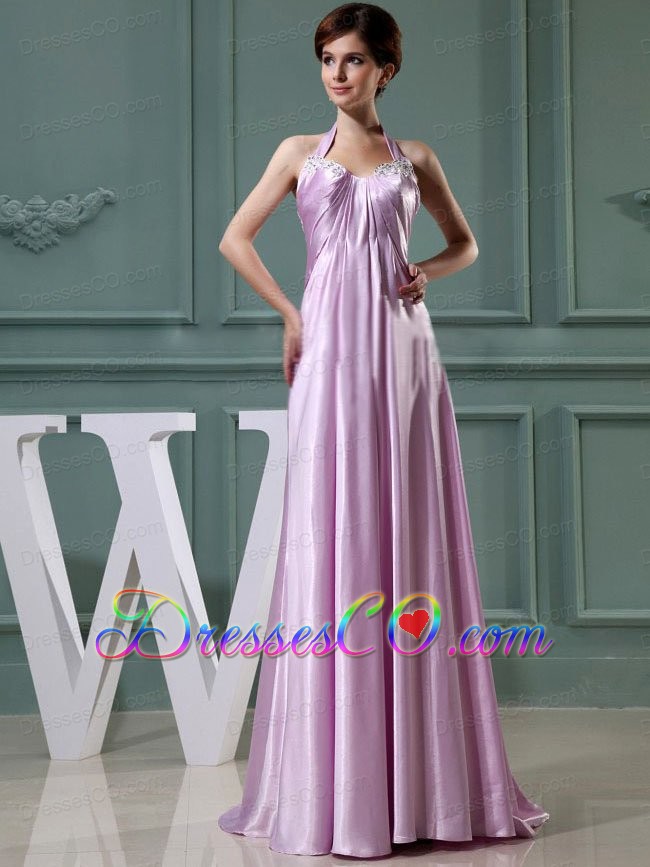 Beading Halter Empire Elastic Woven Satin Long Prom Dress Lavender