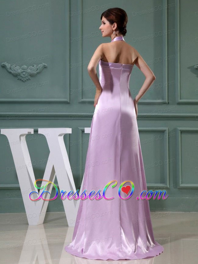 Beading Halter Empire Elastic Woven Satin Long Prom Dress Lavender