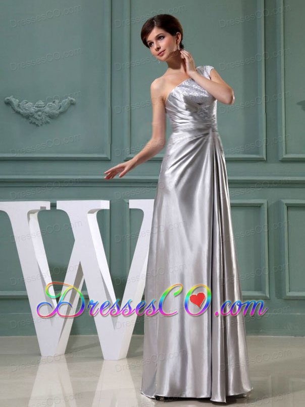 Beading One Shoulder Grey Long Taffeta Column Prom Dress