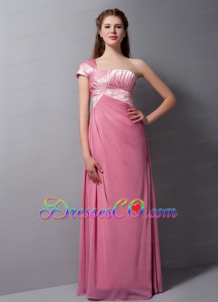 Pink Column One Shoulder Long Taffeta And Chiffon Beading Prom Dress