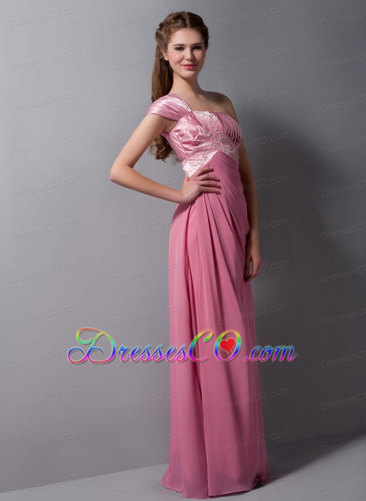 Pink Column One Shoulder Long Taffeta And Chiffon Beading Prom Dress