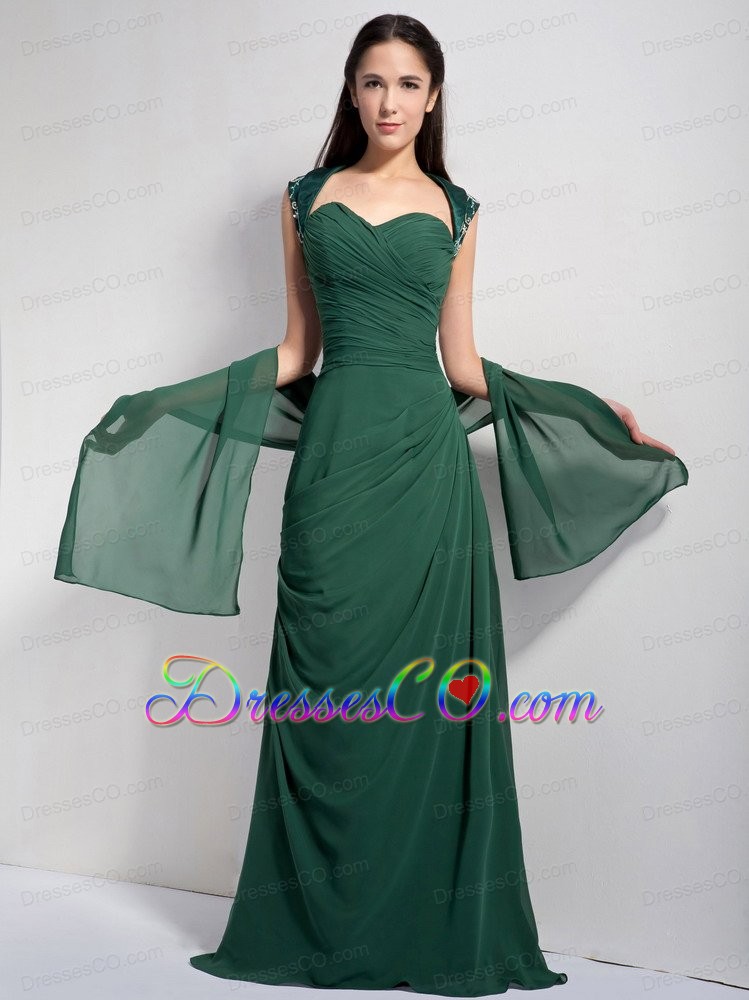 Customize Dark Green Column Prom Dress Ruched Brush Train Chiffon