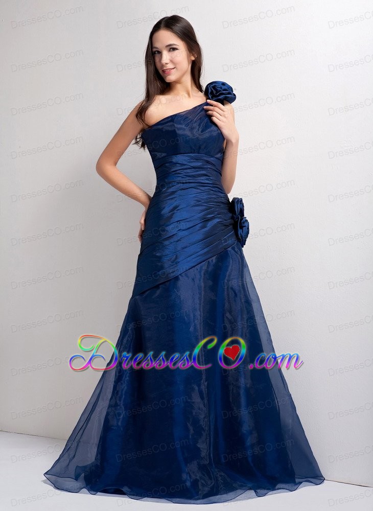 Navy Blue A-line One Shoulder Long Taffeta And Organza Hand Made Flowers Prom Dress
