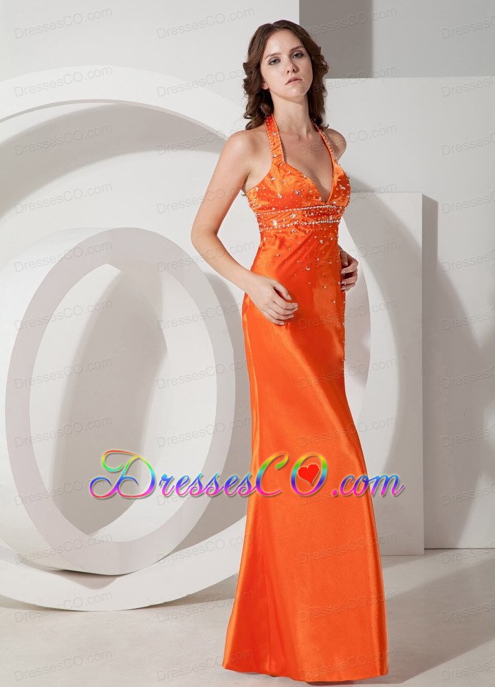 Modest Orange Column / Sheath Halter Beading Prom Dress Long Elastic Woven Satin