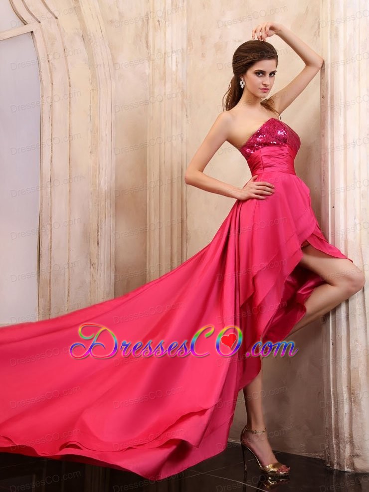 High-low Prom Dress With Sequin Coral Red Elastic Woven Satin