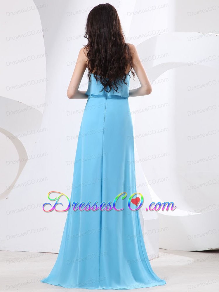 Strapless and High Slit For Prom Dress With Baby Blue and Brush Train