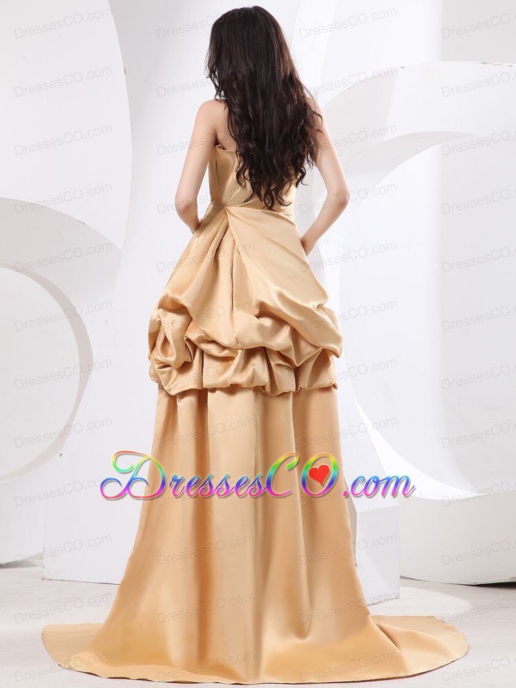High-low Champagne Prom Dress With Beading Pick-ups and Brush Trian