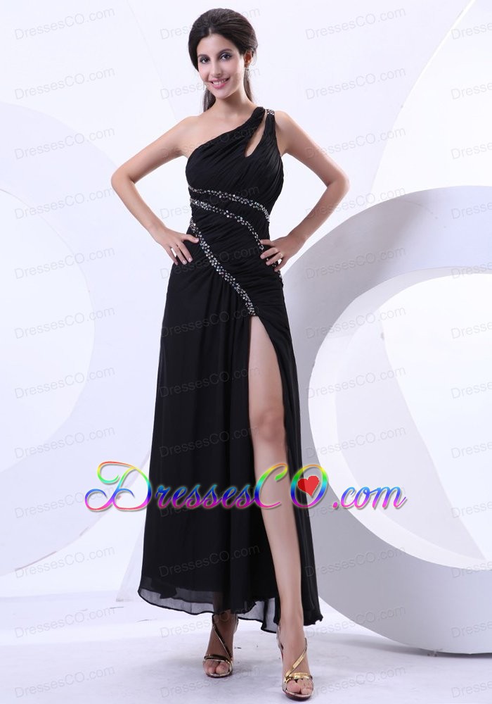 High Slit One Shoulder Ankle-length Beading Prom Dress