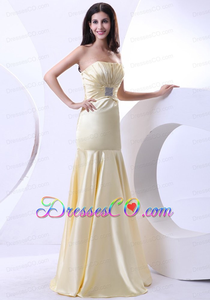 Beading Strapless Long Light Yellow Elastic Woven Satin Prom Dress