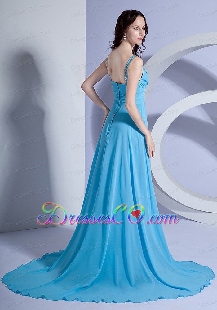 Beading Decorate Bodice Straps Light Blue Empire Brush Train Prom Dress