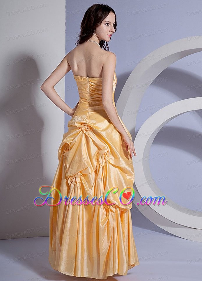 Appliques Decorate Bodice Yellow Taffeta Ankle-length Prom Dress
